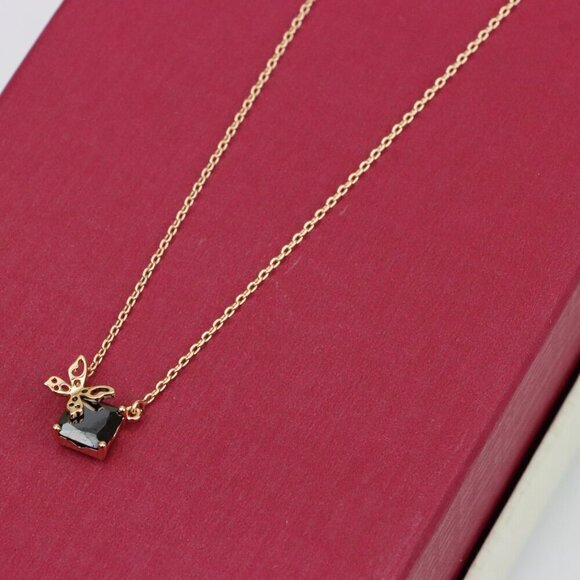 Elegant Rose Gold Necklace with Black Stone and Bow Design, XPNL0406 - Picture 5 of 12